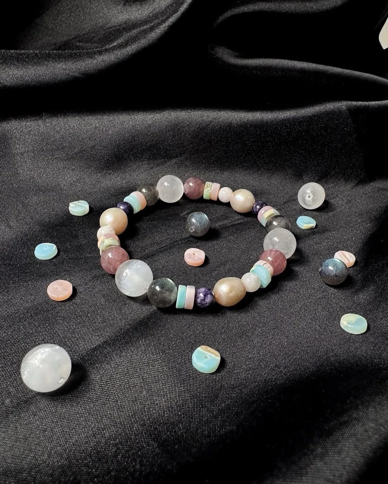 Lunar Mirror Bracelet Moonstone Pearl Selenite Labradorite Handmade Energy Jewel - Image 1 of 2