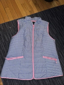 Talbots Quilted Puffer Vest Blue Gingham Pink Trim XL Lightweight NWOT - Picture 1 of 2