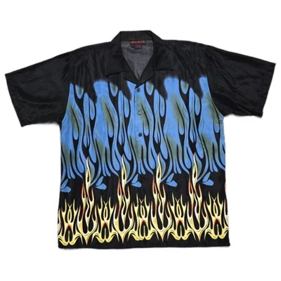 VTG Y2K Fire Motif Hawaiian Shirt Mens L Black Blue Flame Goth Rave Sun & Moon - Image 1 of 4