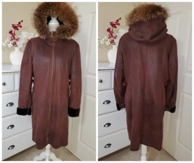 Abrigo Andrew Marc NY Cuero Líquido Imitación Piel de Oveja Cremallera Borde Capucha Talla L Foto 1 de 4