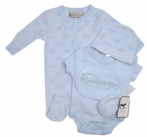 BABY BOY CLOTHING GIFT SET BLUE TRAIN SLEEPSUIT HAT BABYGROW NEWBORN - 6 MONTHS - Picture 1 of 3