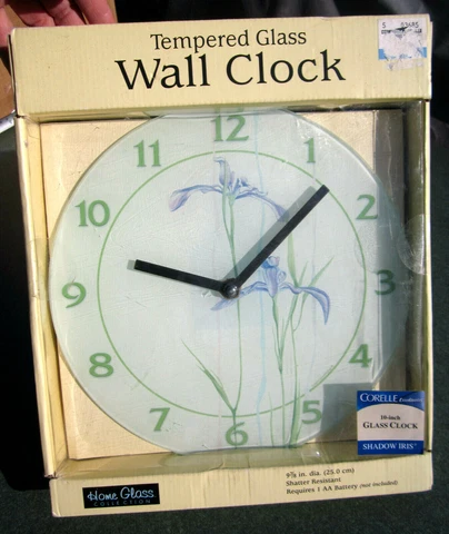 Rare New in Box CORELLE 10" Tempered GLASS Wall CLOCK SHADOW IRIS Pattern Cover