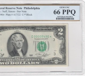 1976 $2 Two Dollar Star Philadelphia C00005490* basso numero di serie PCGS grado 66 - Foto 1 di 3