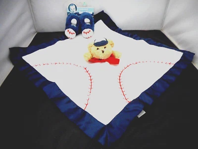 Bearington Baby Baseball Bear Security Blanket Rattle + New Gerber Baby Booties - Image 1 of 4