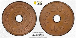 PALESTINE , 20 MILS 1942 - PCGS MS 63 BN , RAREW - Picture 1 of 1