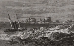 Jersey Mail steam packet "Express" wreck on Grunes Houillieres 1859 old print - Picture 1 of 1