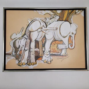 Vintage Abstract Elephant Family Mixed Media Painting Mid Century Modern Signed - Picture 1 of 10