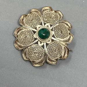 Flower Brooch Spun Sterling Silver Malachite Stone 925 Vintage C Clasp Ornate - Picture 1 of 8