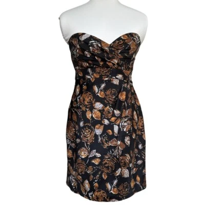 Vestido de cóctel Tibi New York floral 100 % seda sin tirantes talla 2 negro dorado marrón Foto 1 de 4