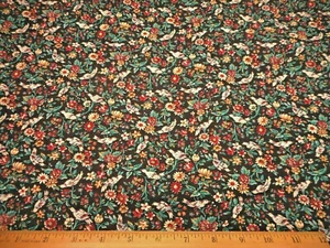 Floral Fabric 1 1/3 Yard Wine Tan Teal Floral Ivory Birds on Black Cotton #C - Picture 1 of 2