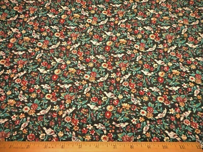Floral Fabric 1 1/3 Yard Wine Tan Teal Floral Ivory Birds on Black Cotton #C - Image 1 of 2