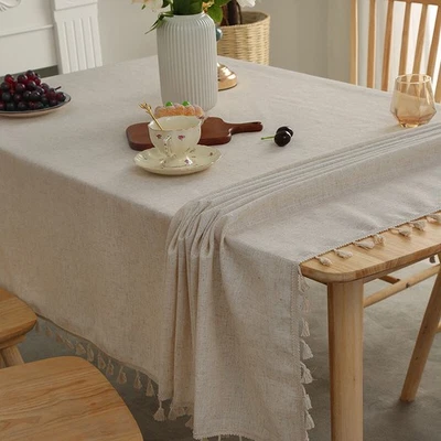 Vintage Cotton Linen Tassel Tablecloth Dining Table Cloth Wedding Party Decor - Image 1 of 4
