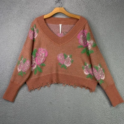 Suéter Anthropologie para mujer pequeño marrón rosa floral rosa cuello en V dobladillo desgastado Foto 1 de 4