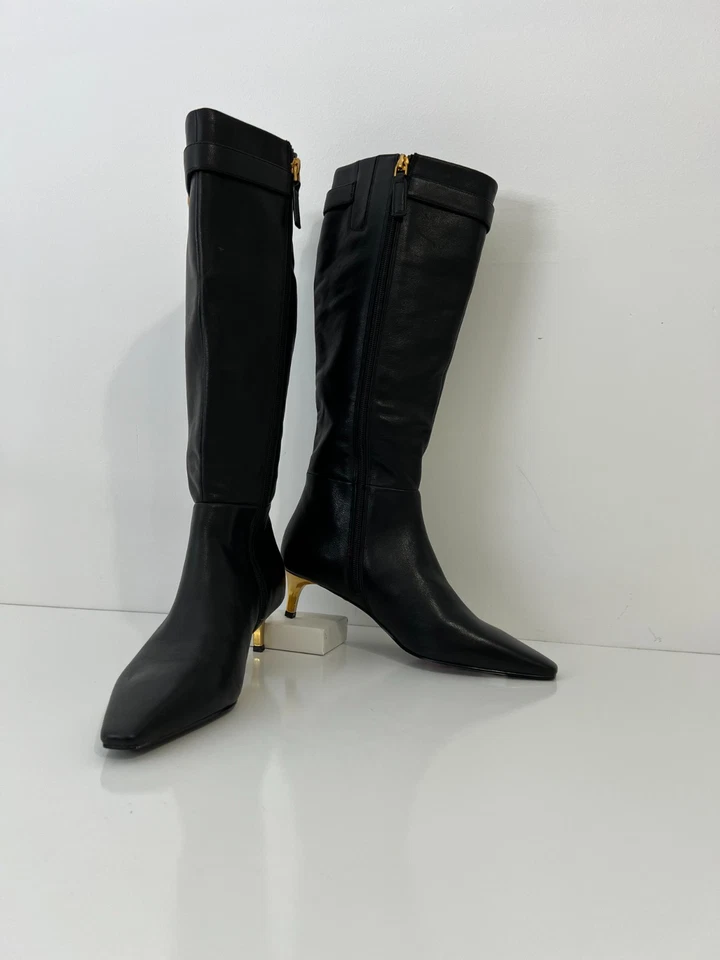 Bota Alta Donna Karan New York Clari Para Mujer Cuero Negro Tacón Dorado Talla 7 Nueva en Caja Foto 1 de 4