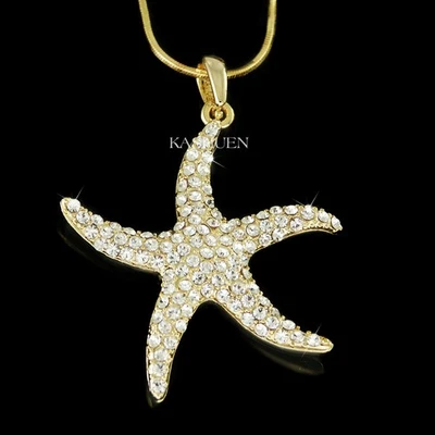 Gold ~Big STARFISH~ made with Swarovski Crystal Sea Ocean Beach Wedding Necklace - Image 1 of 2