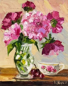 Naturaleza muerta flores florecientes peonías pintura original impresión al óleo arte firmado - Imagen 1 de 7