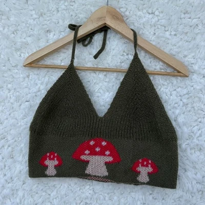 Red Mushrooms Knit Sweater Halter Top Olive Green Crop Size Large Fairycore y2K - Image 1 of 4
