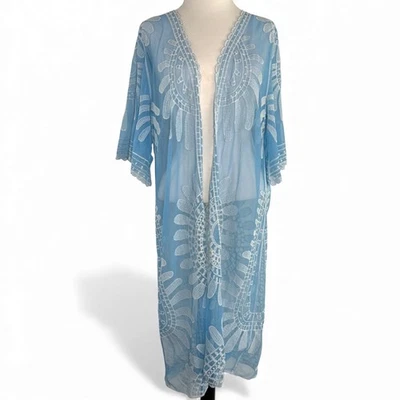 Rebellion Blue Sheer Embroidered Kimono Fairy Boho Mesh Cover Up Fits Medium - Image 1 of 4