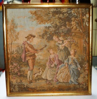 TAPISSERIE CARREE  ANCIENNE ENCADREE BOIS DOREE BE - Photo 1/3