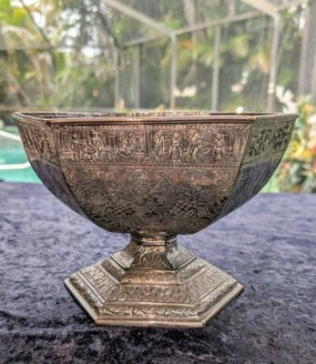 Antiguo cuenco hexagonal holandés colonial plateado con intrincados grabados Foto 1 de 3
