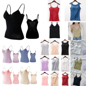 Womens Tank Tops Wide Strap Camisole With Built in Padded Bra Sports Vest Shirts - Picture 1 of 68