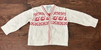 Vintage 12 Months Cardigan Sweater Knit Red Sailboat Nautical Cottagecore Preppy - Image 1 of 4