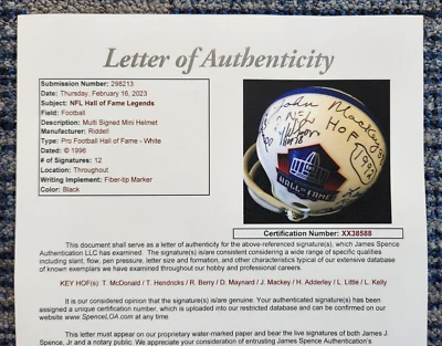 NFL HOF Hall Of Fame Signed Mini Helmet 12 HOFers 6 deceased, TED HENDRICKS, JSA - Image 1 of 4
