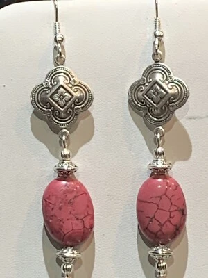 50% Off *STUNNING HANDCRAFTED CORAL TURQUOISE SILVER MEDALLION DROP EARRINGS - Image 1 of 4