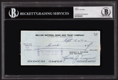 1970 Harold J "Pie" Traynor Personal Check Encapsulated BAS Beckett - Image 1 of 2