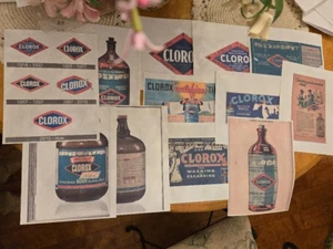 CLOROX VINTAGE REPRODUCTION SET /LOT OF 12 EPHEMERA GLASS BOTTLE LABELS & ADS - Picture 1 of 6