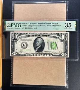Fr. 2004-G 1934 $10 Federal Reserve Note CHICAGO "LIGHT GREEN SEAL" PMG 35 - VF - Picture 1 of 2