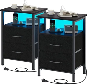 Nightstands Set of 2, Night Stand with Charging Station and Led Lights, Bedside - Picture 1 of 7