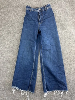 Zara Wide Leg Jeans Women's 2 Blue Denim High Rise Flare Dark Wash Raw Hem - Image 1 of 4
