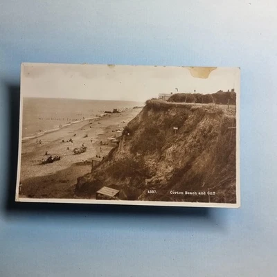 Lowestoft Postcard 1948 Real Photo Suffolk Corton Beach Huts People A/F - Image 1 of 2