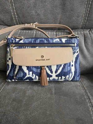 Cartera Spartina 449 Cuero Genuino y Lino Natural Frontal Azul y Blanco Foto 1 de 4