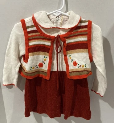 VTG 60s 70s Toddler Knit Dress Set Fall Embroidered Floral Vest Size 2T READ! - Image 1 of 4