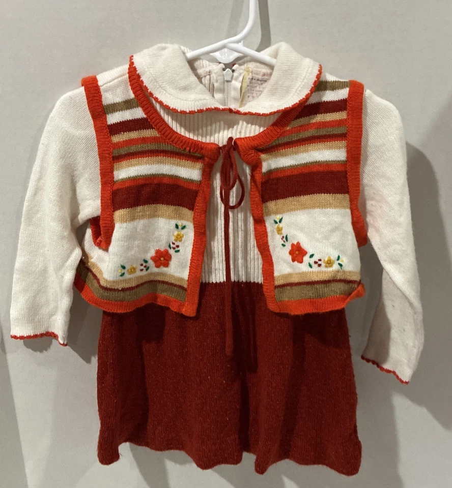 VTG 60s 70s Toddler Knit Dress Set Fall Embroidered Floral Vest Size 2T READ! - Image 1 of 4