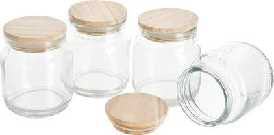 VBS Bicchiere da portata con coperchio in legno, 4 pezzi, circa 100 ml, contenitore in vetro, barattoli per spezie