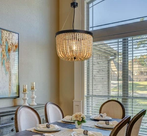 Boho-Bohemian Modern Chandelier Pendant Light, Cream Color Wood , Open Box NEW - Picture 1 of 8