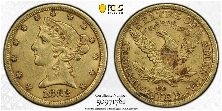 Moneda de oro cabeza de libertad de $5 1882-CC GRADUACIÓN PROFESIONAL AU 58 - rara coleccionable Foto 1 de 1