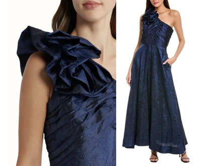 Vestido de Baile Tahari ASL Rosette Um Ombro Texturizado Azul Marinho tamanho 10 $289 - Imagem 1 de 4