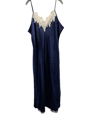 VTG Jaclyn Smith Studio Slip Dress Size XL Blue Satin Lace V Neck Nightgown Y2K - Image 1 of 4