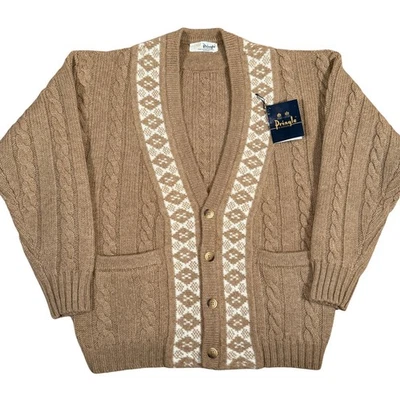 Vintage Pringle of Scotland Wool Cardigan Cable Knit Fair Isle Brown L 80s NWT - Image 1 of 4