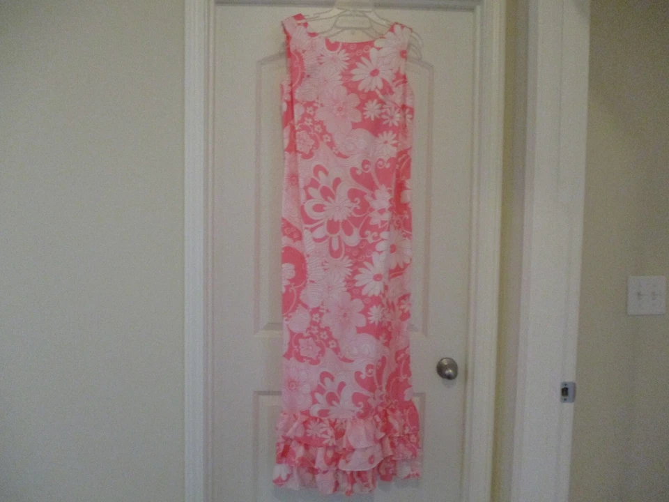 VTG 1960s ANDRADE HAWAII DRESS PINK WHITE FLORAL 3 LAYER RUFFLES w/SLIT -SIZE 12 - Image 1 of 4