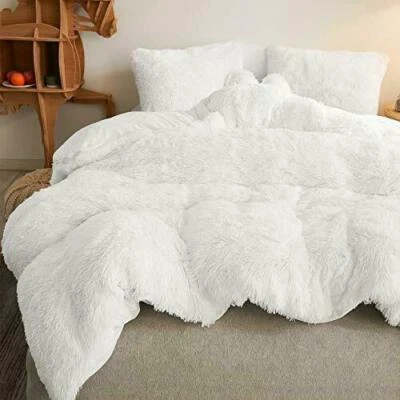NEW! ~ COZY ULTRA SOFT PLUSH IVORY WHITE FAUX FUR SHAGGY FLUFFY COMFORTER SET - Image 1 of 3