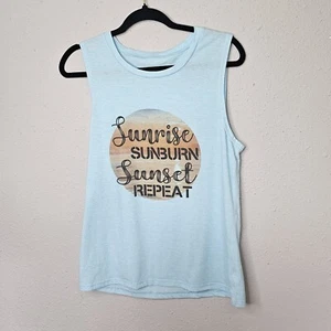 Womens Light Blue Tank Top Graphic Tee Sunrise Sunset Summer Fun M Medium - Picture 1 of 6