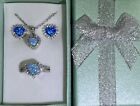 DEAL! Exquisite Blue Fire Opal CZ Halo Heart Necklace, Earrings, & Ring Sz 8 Set