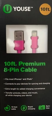 Premium 8 pin 10ft Cable, Pink, for Sync and Charging - Image 1 of 4