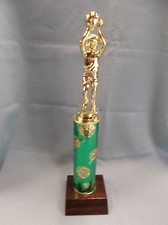 female bobble Basketball trophy green theme column cherry finish wood base