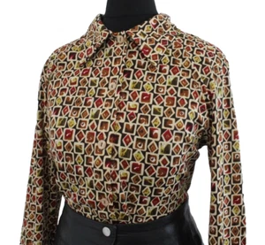 Vintage 1990s Shirt Abstract Patterned RETRO 70s Style Long Sleeve Blouse Top S - Picture 1 of 7